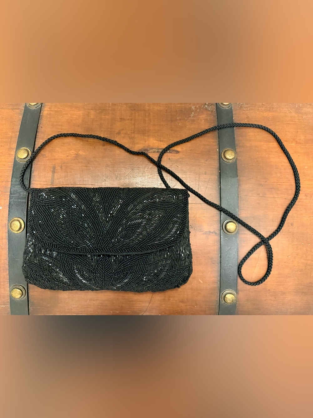 Preston & York Black Beaded Leaf-Pattern Evening Clutch